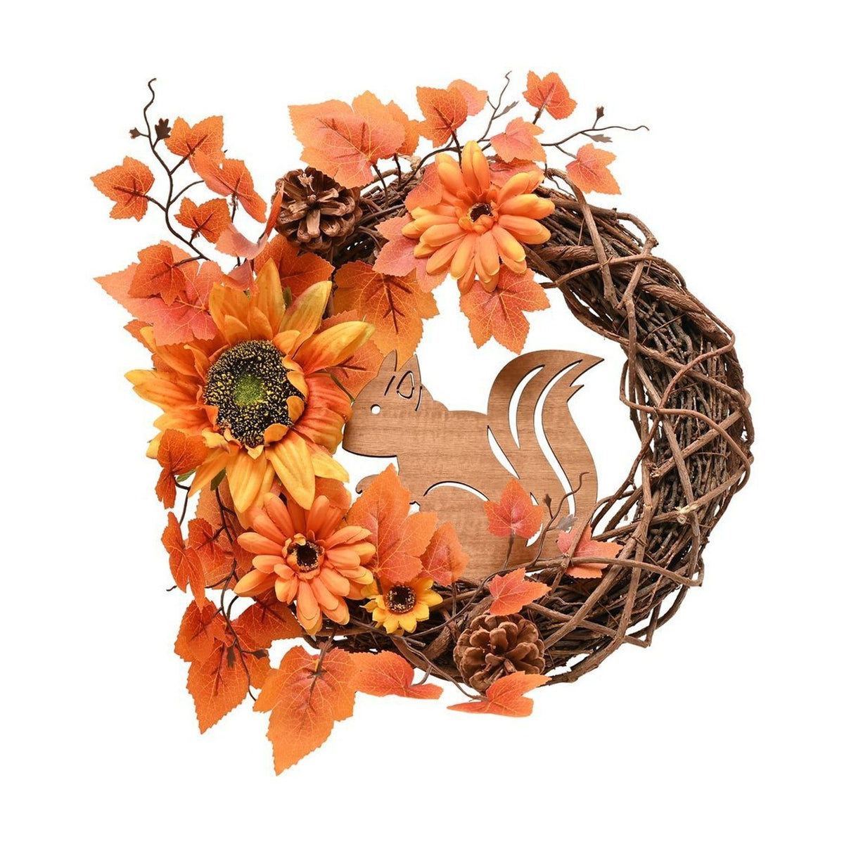 Natural Handmade Autumn Leaf Wreath with Squirrel - Orange