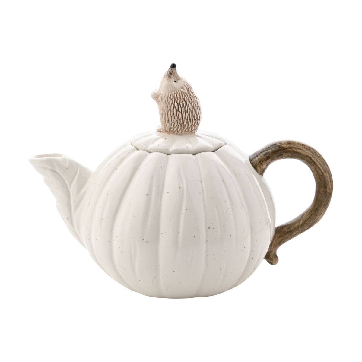 Speckled Pumpkin Ceramic Teapot with Hedgehog Lid - White