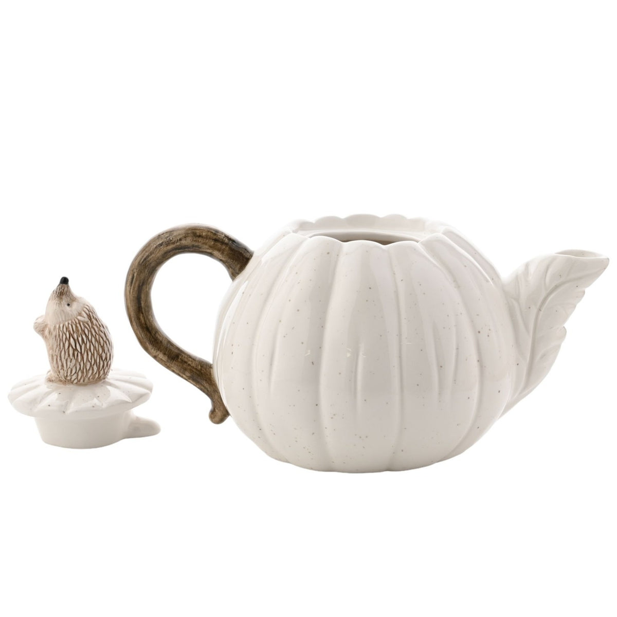 Speckled Pumpkin Ceramic Teapot with Hedgehog Lid - White