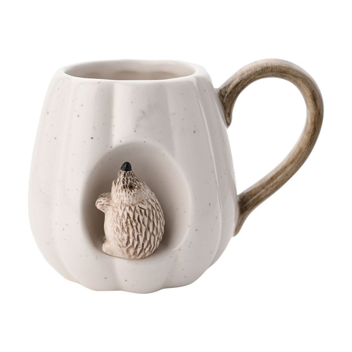Pumpkin Ceramic Mug with Hedgehog and Brown Handle - White