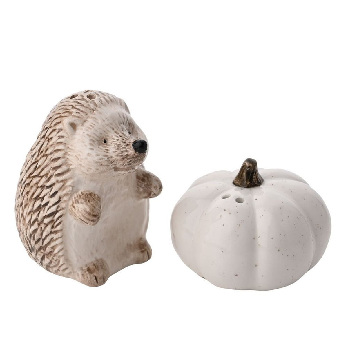 Hedgehog and Pumpkin Glazed Ceramic Salt & Pepper Set - White