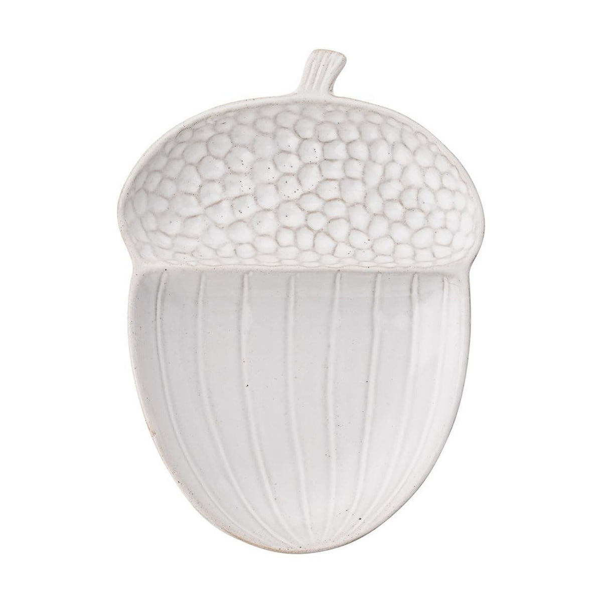 White glazed ceramic serving plate shaped like an acorn, with a pebbled textured cap, ribbed body, and small stem, on a plain white background.