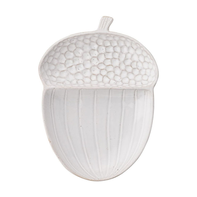 White glazed ceramic serving plate shaped like an acorn, with a pebbled textured cap, ribbed body, and small stem, on a plain white background.