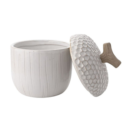 Large Acorn Ceramic Storage Jar with Twig Knob Lid in white, featuring a vertically ridged body, dimpled textured cap, and taupe twig-shaped knob, shown against a plain white background.