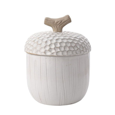 Large Acorn Ceramic Storage Jar with Twig Knob Lid in white, round body with fine vertical ridges, dimpled textured cap, taupe twig-shaped knob, shown on a plain white background.