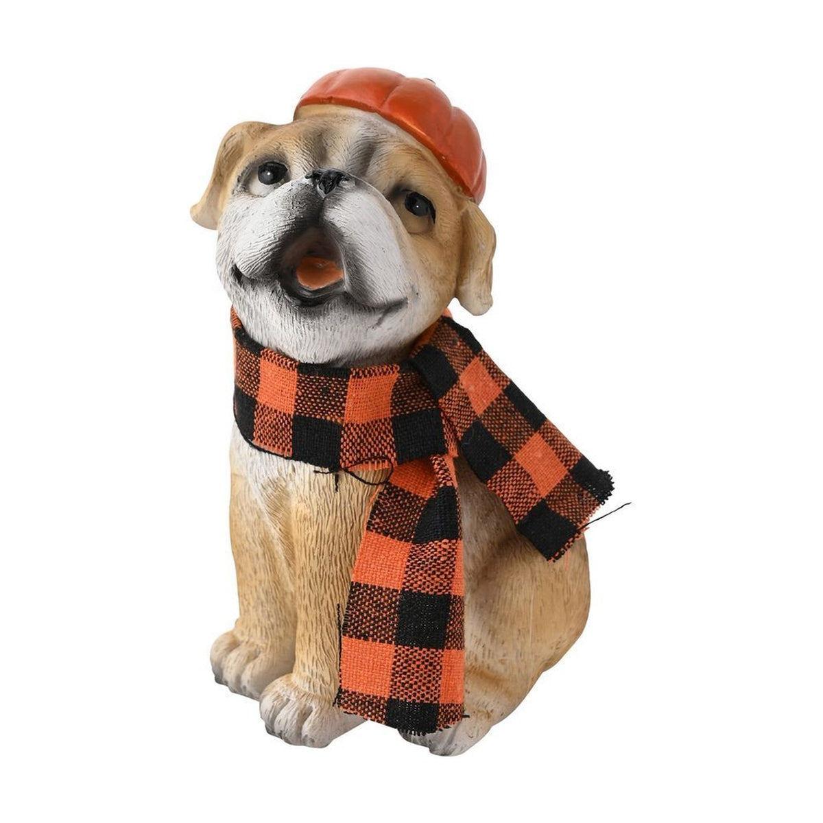 Pumpkin Hat Bulldog Resin Garden Ornament - Brown & Orange