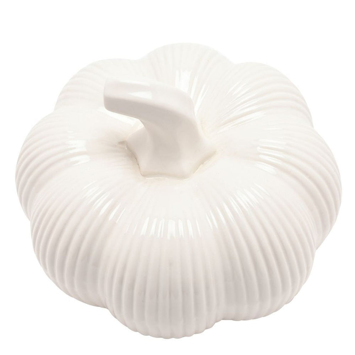 Ribbed Pumpkin Glazed Ceramic Figurine with Stalk - White