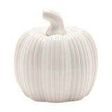 Small ribbed pumpkin ceramic figurine in glossy white with a curved, twisted stalk, round ribbed body, shown on a plain white background.