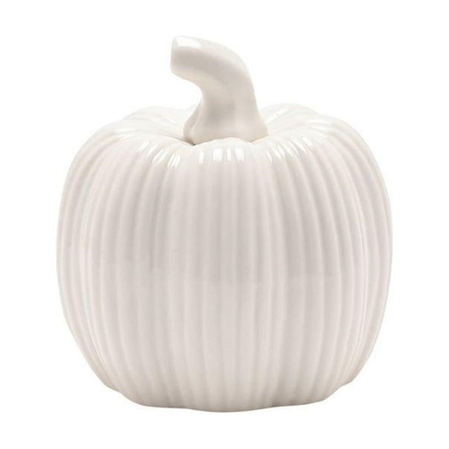 Small ribbed pumpkin ceramic figurine in glossy white with a curved, twisted stalk, round ribbed body, shown on a plain white background.