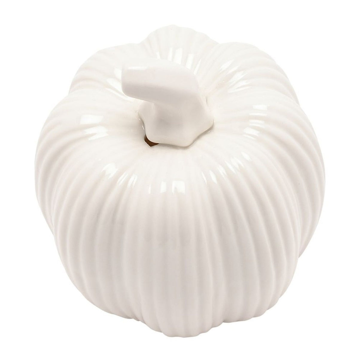 Small ribbed pumpkin ceramic figurine in glossy white, round ribbed body with a curving stalk, shown on a plain white background.