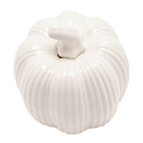 Small ribbed pumpkin ceramic figurine in glossy white, round ribbed body with a curving stalk, shown on a plain white background.
