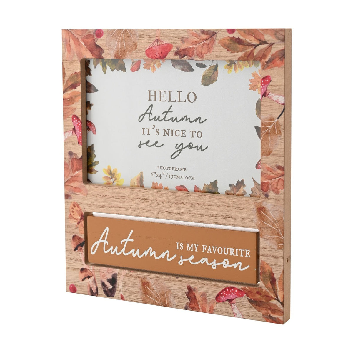 Rectangular MDF photo frame for 6x4in photos, brown wood-look finish with watercolour autumn leaves and red toadstools, tan panel reading "Autumn is my favourite season".