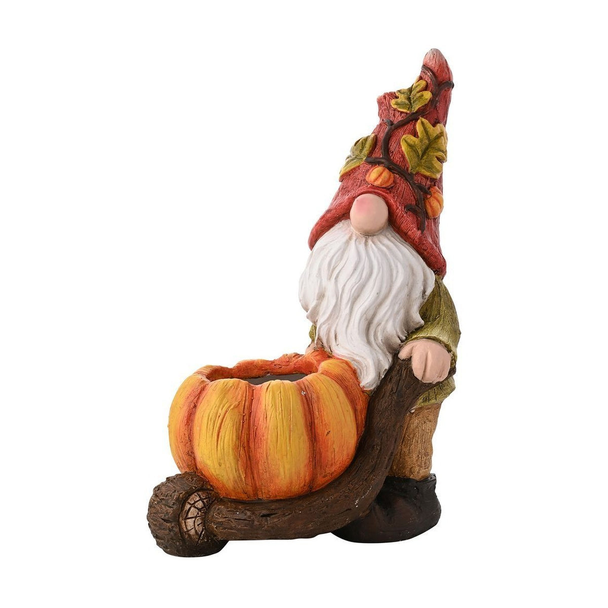 Ceramic garden gnome ornament pushing a wheelbarrow shaped as an orange pumpkin planter, wearing a tall red hat with leaf and vine details, on a plain white background.