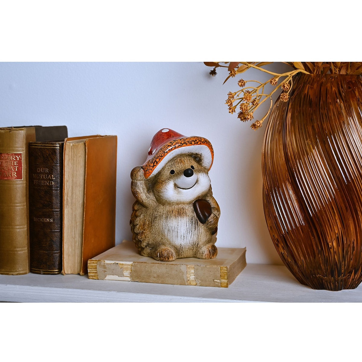 Large Resin Hedgehog Ornament with Toadstool Hat - Brown