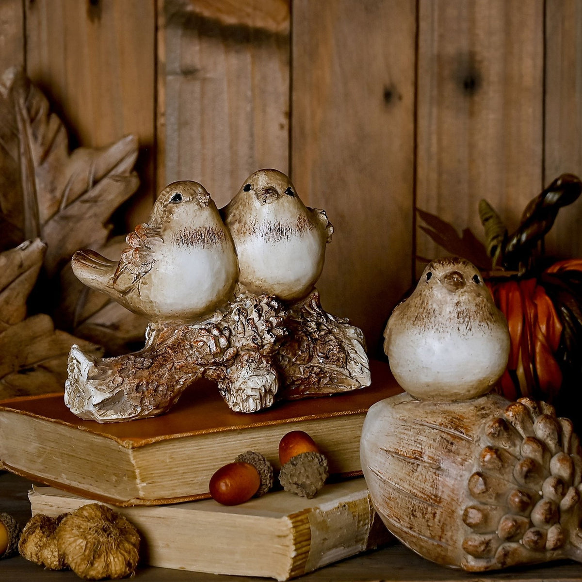 Two Wood Effect Resin Birds on a Branch Decoration - Brown