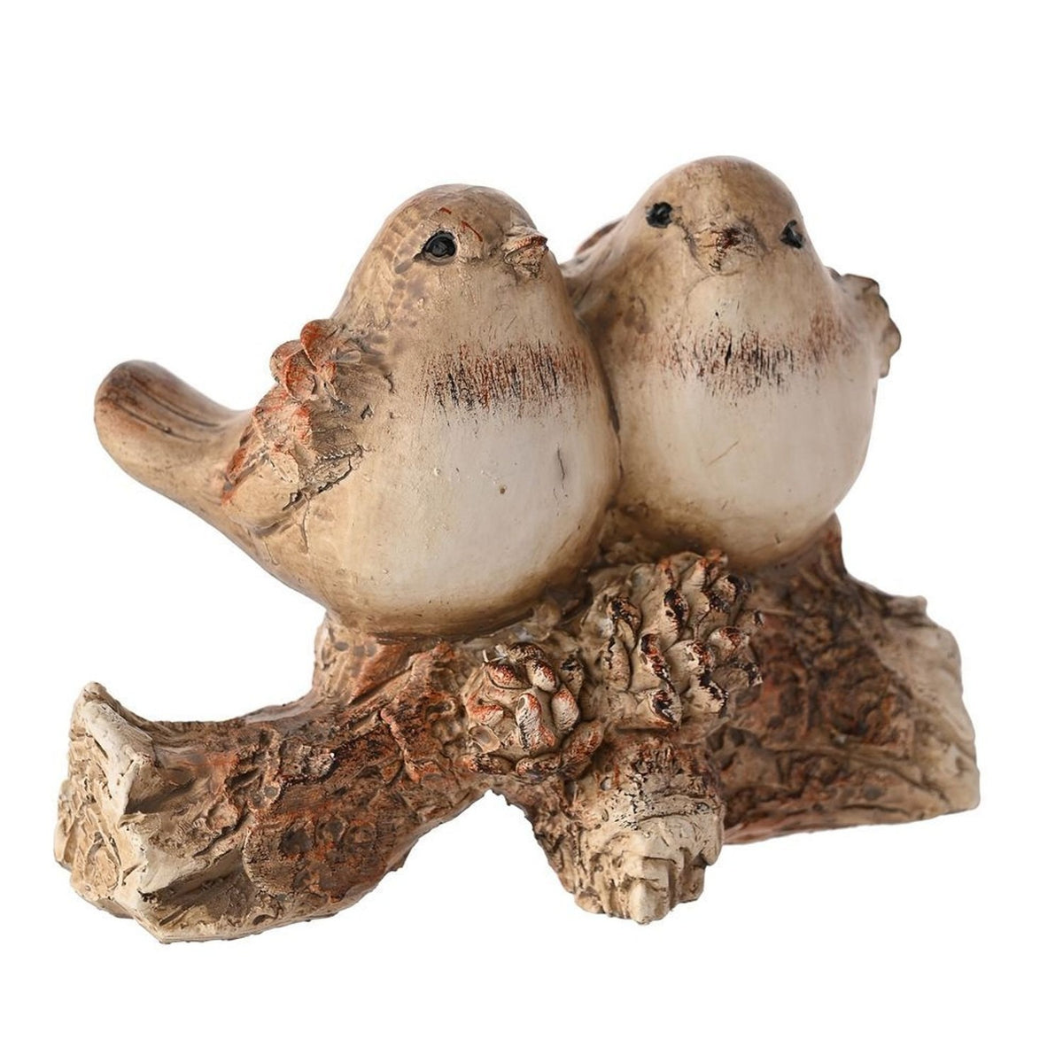 Two Wood Effect Resin Birds on a Branch Decoration - Brown
