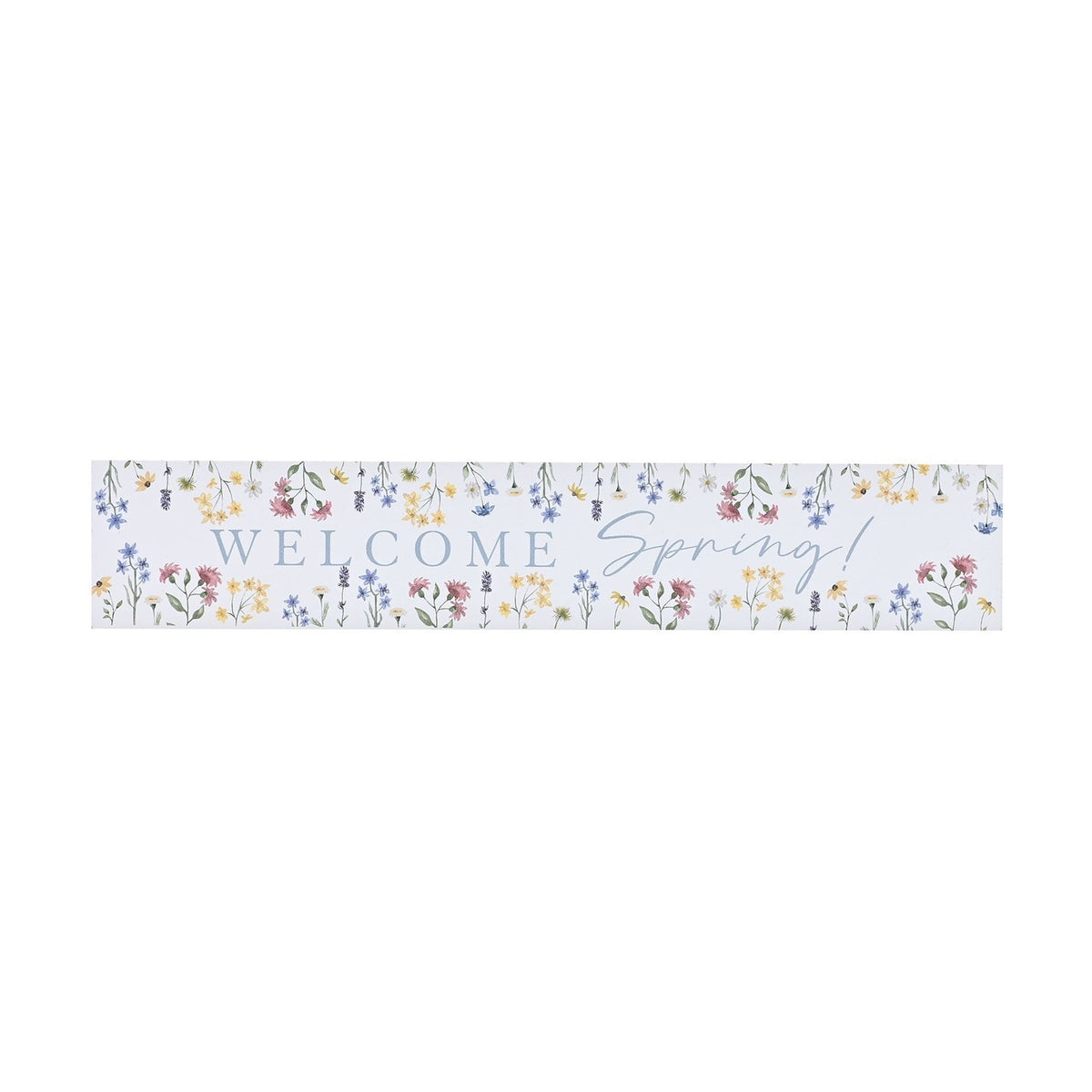 Welcome Spring Wildflower Print Wooden Mantel Plaque - White