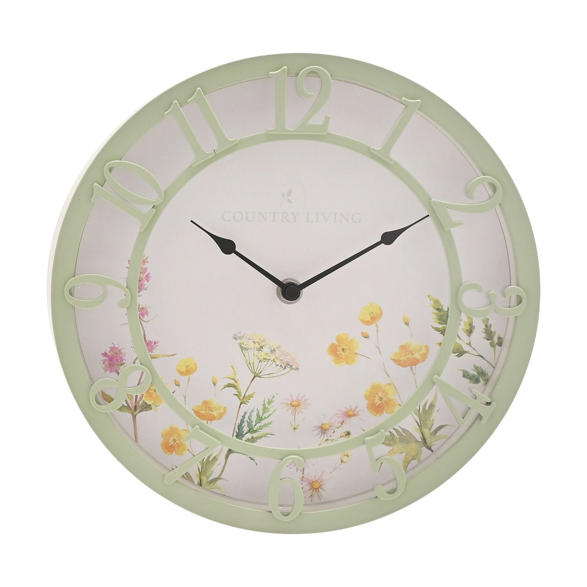 Floral Plastic Wall Clock 25cm with Cut-Out Numerals - Sage