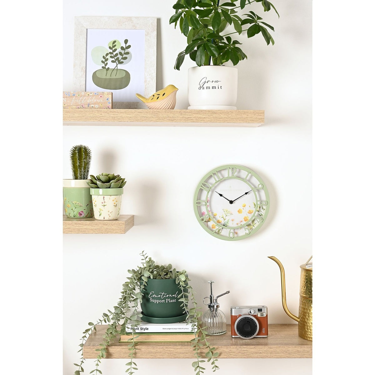 Floral Plastic Wall Clock 25cm with Cut-Out Numerals - Sage