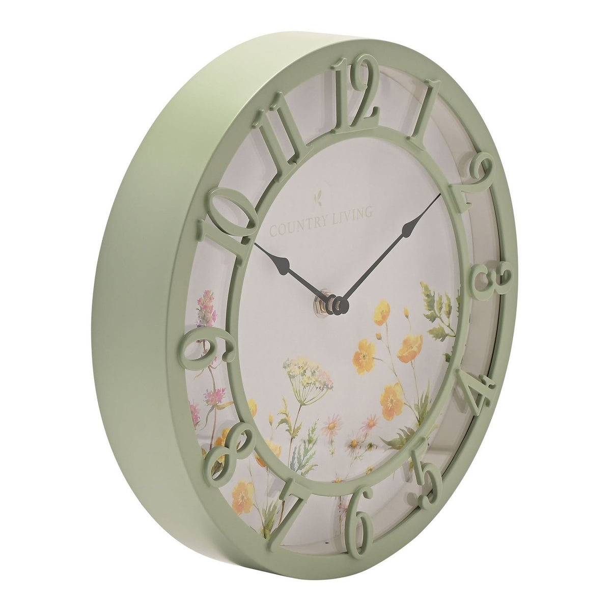 Floral Plastic Wall Clock 25cm with Cut-Out Numerals - Sage