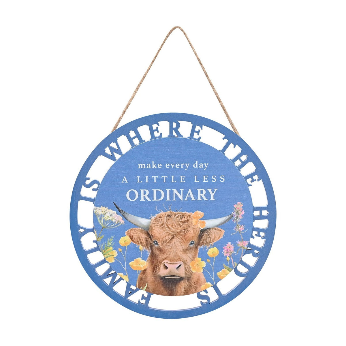"Family Is Where The Herd Is" Hanging Wooden Plaque - Blue