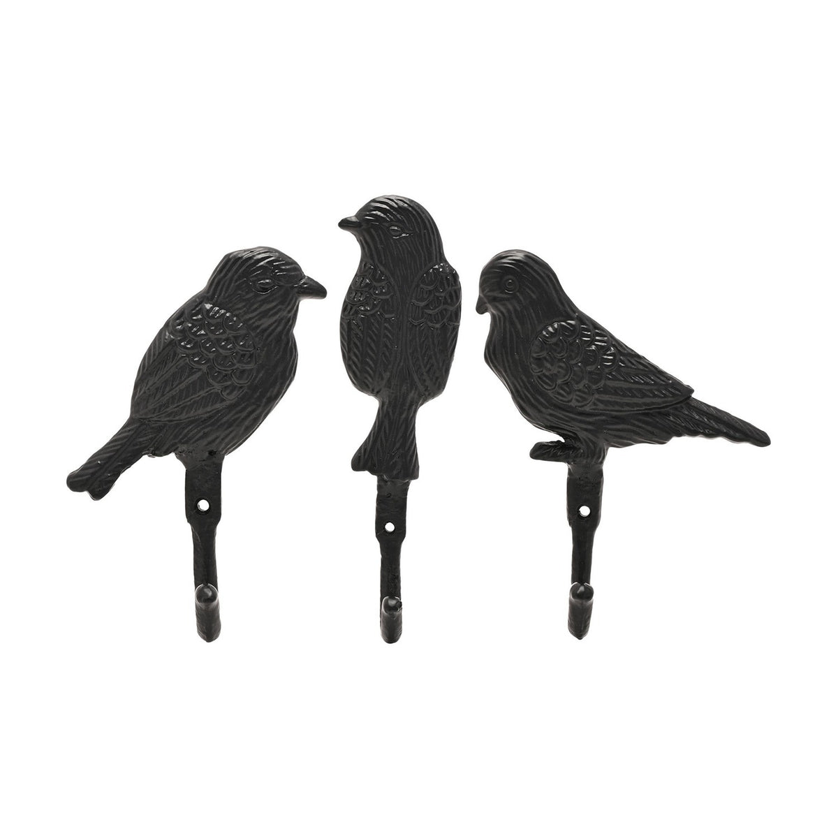 Set of 3 Bird Cast Iron Wall Hooks with Feathering - Black