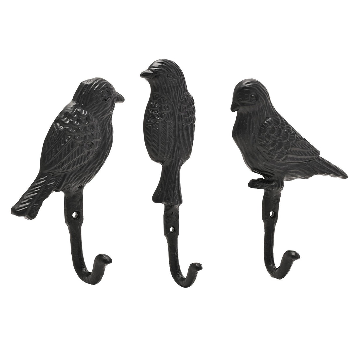 Set of 3 Bird Cast Iron Wall Hooks with Feathering - Black