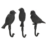 Set of 3 Bird Cast Iron Wall Hooks with Feathering - Black