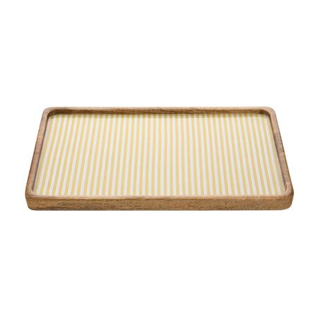 Rectangular mango wood serving tray with a smooth brown wood rim and rounded corners, framing a yellow and white pinstriped base, shown on a white background.