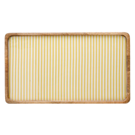 Rectangular mango wood serving tray with a smooth brown rim and rounded corners, framing a yellow and white pinstriped base, shown on a white background.