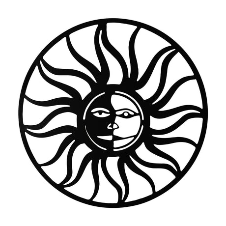 Round openwork metal wall art, 60cm, in black, featuring a sun face with wavy curling rays within a slim outer ring, shown against a plain white background.