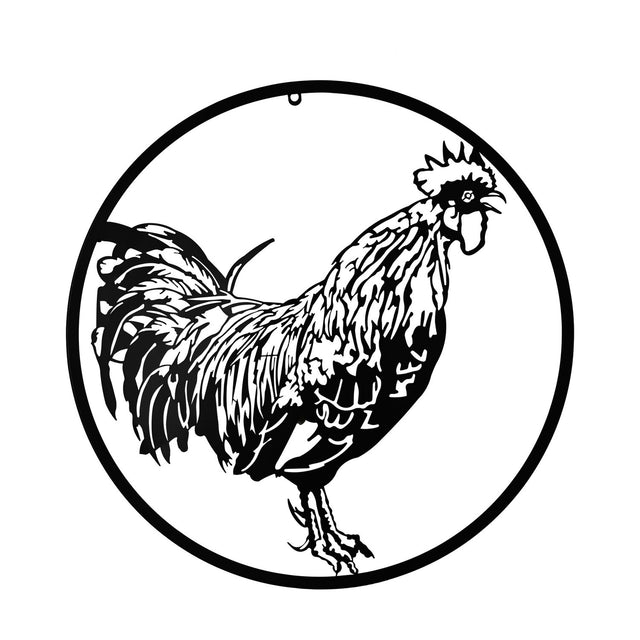 Round black metal wall art, 60cm, depicting a cockerel in profile with detailed cut-out feathers and tail within a slim circular ring, hanging loop at top, on a plain white background.