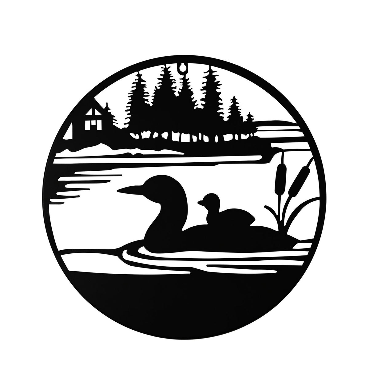Round Lakeside Ducks and Cabin Metal Wall Art 40cm - Black