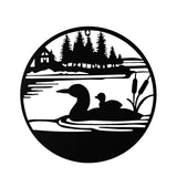 Round Lakeside Ducks and Cabin Metal Wall Art 40cm - Black