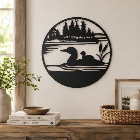 Round Lakeside Ducks and Cabin Metal Wall Art 40cm - Black