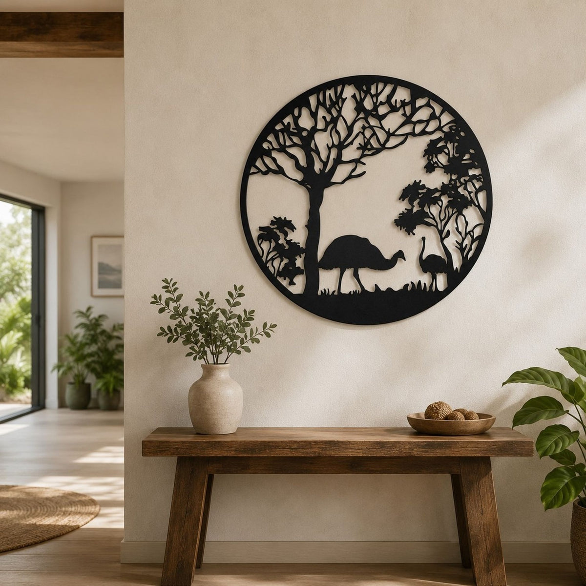 Round Ostrich and Trees Cut-Out Metal Wall Art 40cm - Black