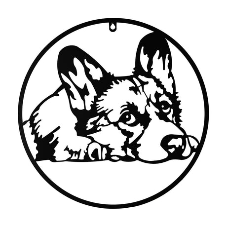 Round black metal wall art, 40cm, featuring a resting dog's head with pointed ears and watchful eyes cut in silhouette within a slim circular frame, on a white background.