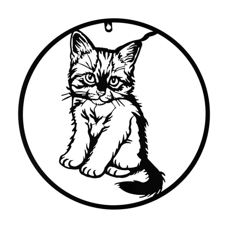 Round Cat Metal Wall Art, 40cm, black finish, showing a detailed kitten with whiskers and tail inside a thin circular ring, with hanging loop, on a plain white background.