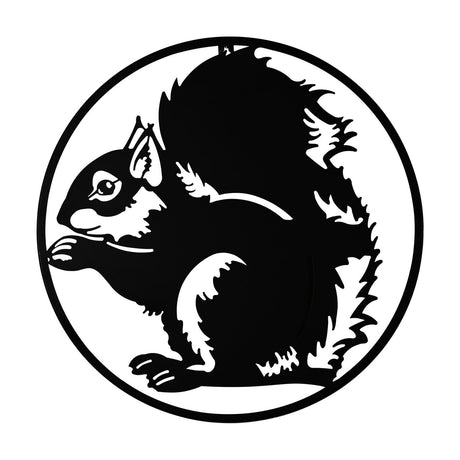 Round metal wall art, 40cm, featuring a black squirrel silhouette seated with paws raised, bushy tail curled high, set within a slim round ring on a plain white background.