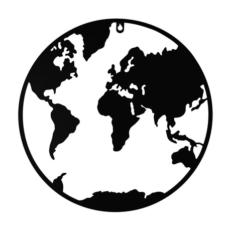 Circular World Map Silhouette Metal Wall Art, 40cm black metal cutout showing continents as solid shapes within a slim round frame, set against a plain white background.