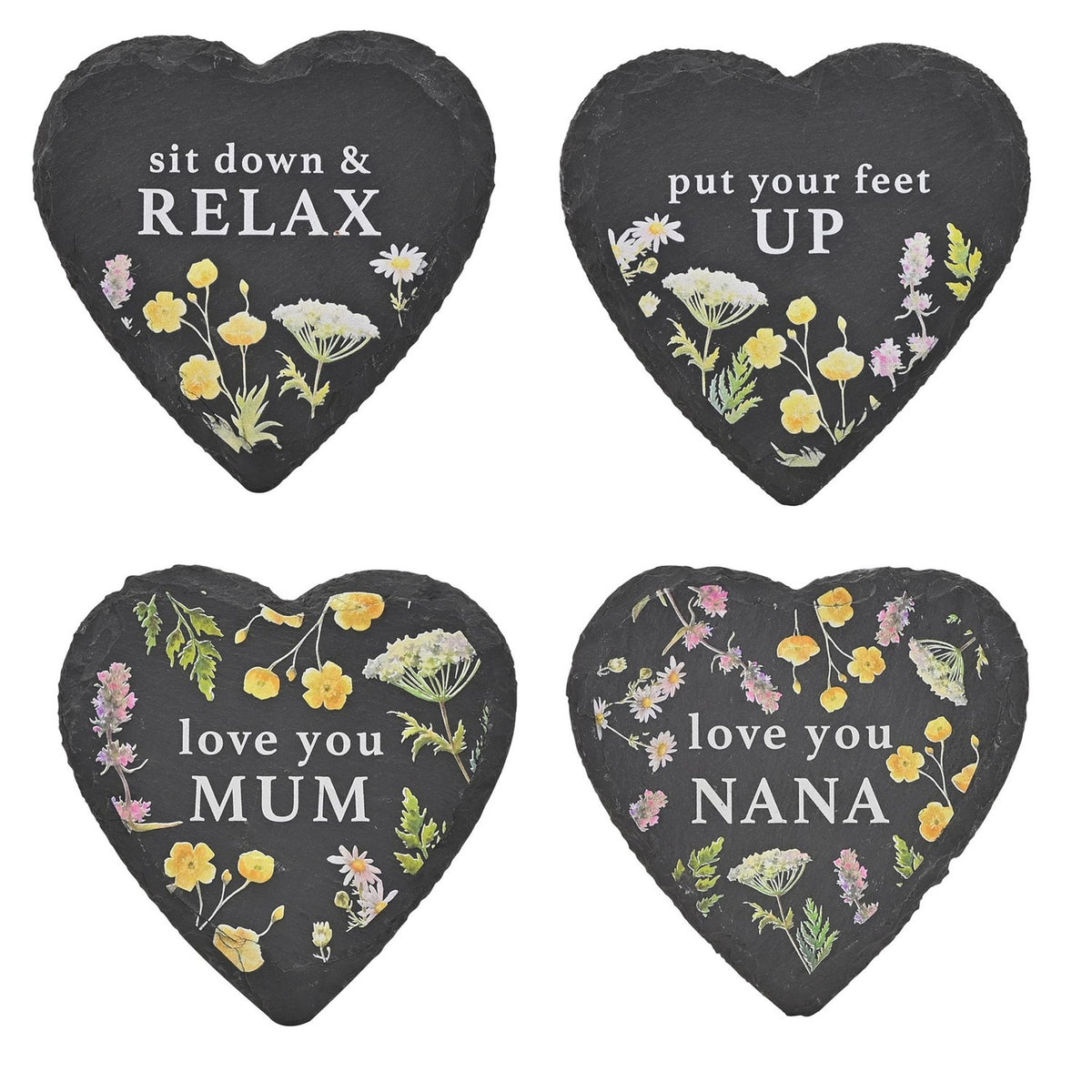 Set of 4 Heart Slate Coasters with Wild Flowers - Charcoal