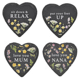 Set of 4 Heart Slate Coasters with Wild Flowers - Charcoal