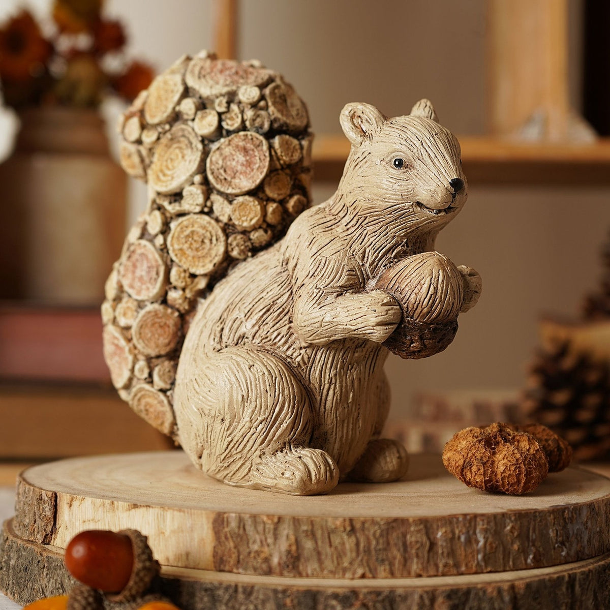 Wood Effect Squirrel Ornament with Log Slice Tail - Beige