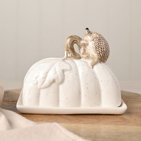 Hedgehog and Speckled Pumpkin Butter Dish with Lid - White