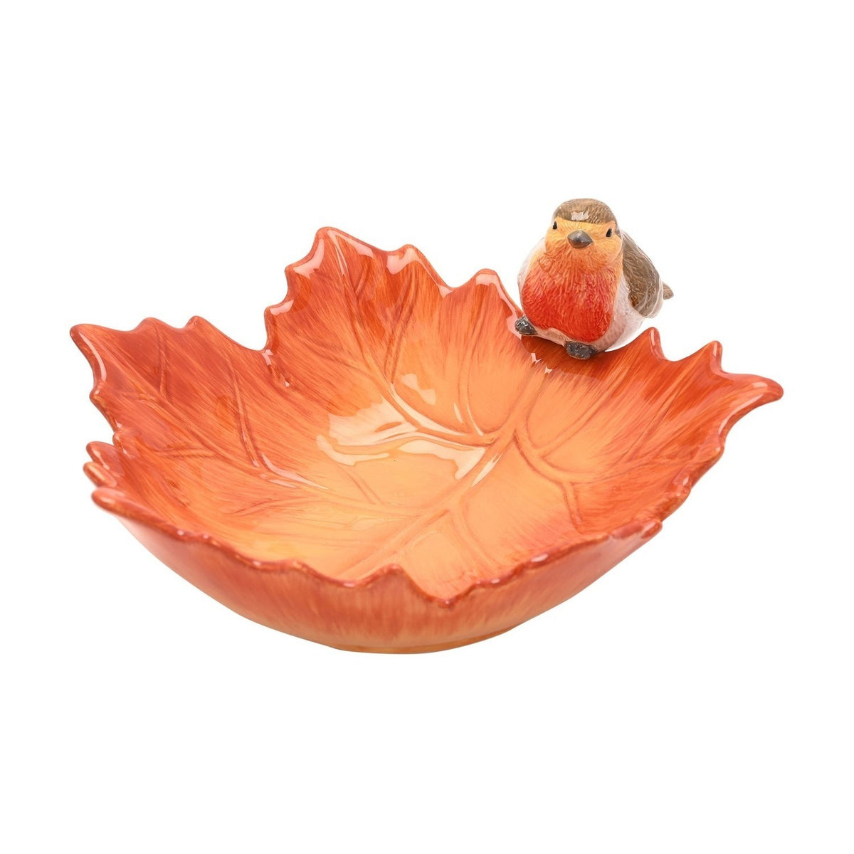 Robin Perched on a Leaf Ceramic Serving Bowl 300ml - Orange