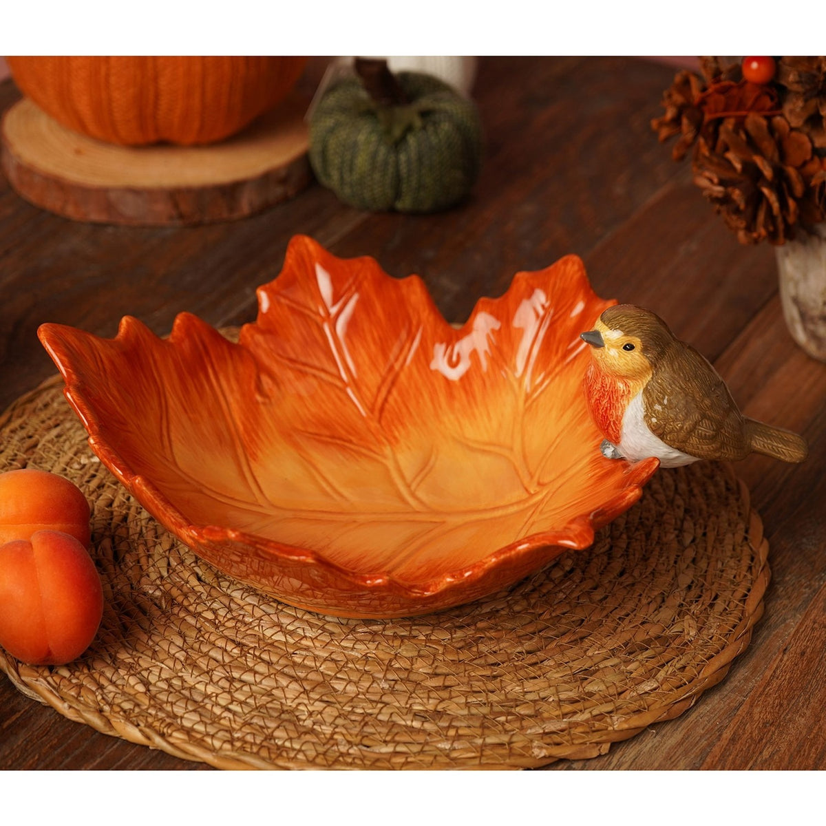 Robin Perched on a Leaf Ceramic Serving Bowl 300ml - Orange