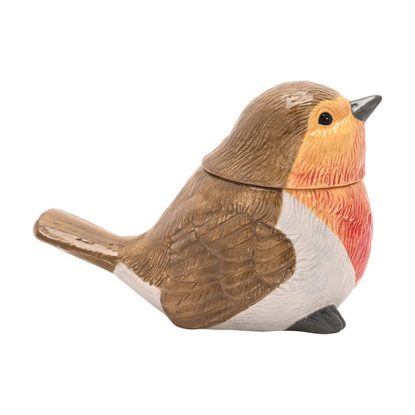 Sculpted Robin Storage Jar with removable head lid, ceramic bird design with brown feathered wings, white belly, orange-red breast and grey feet, shown on a plain white background.