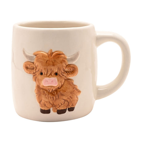 Cream stoneware barrel mug with a raised highland cow design in ginger-brown, pink nose, grey horns and dark hooves, shown on a plain white background.