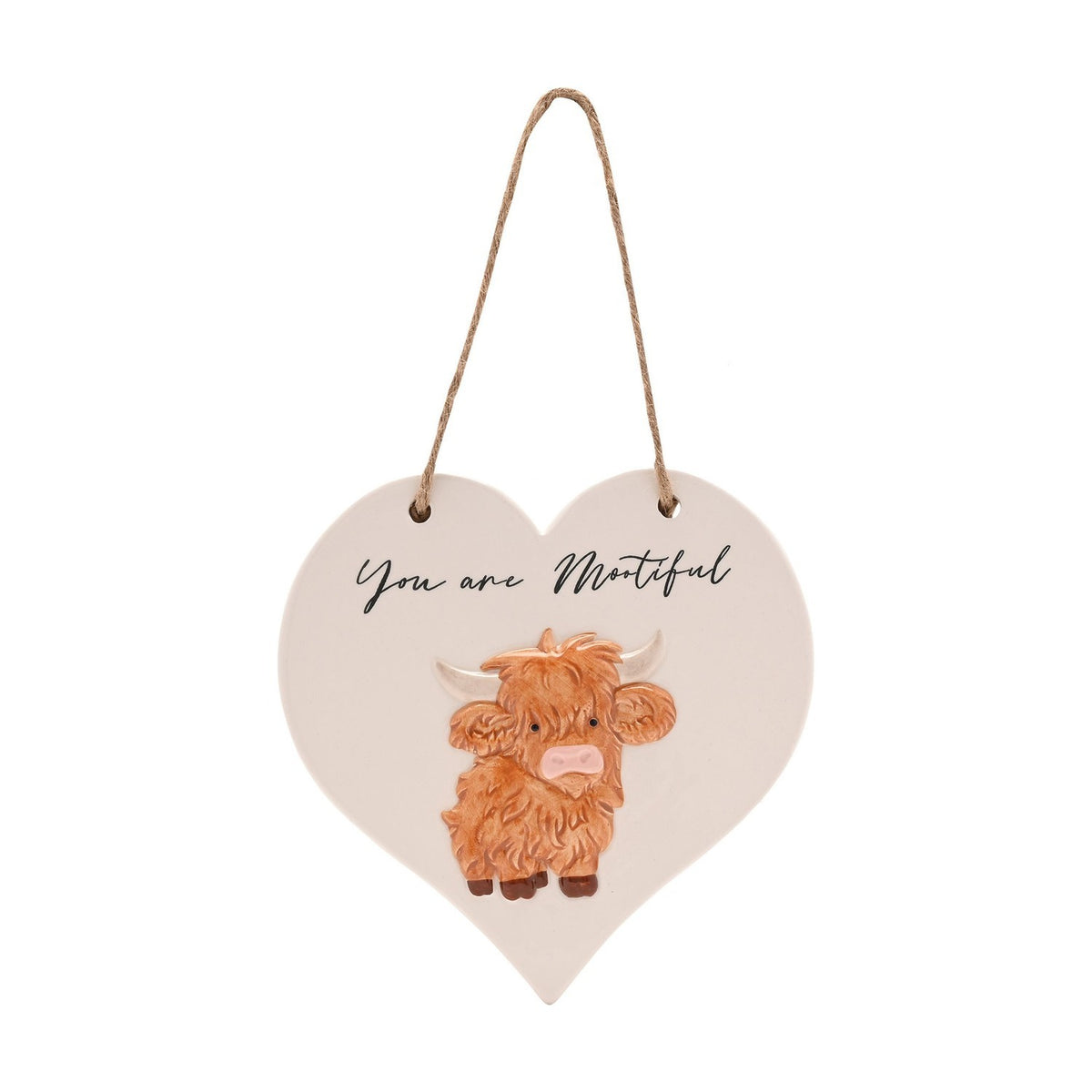 "You Are Mootiful" Highland Cow Heart Ceramic Plaque - White