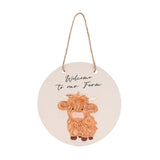 "Welcome to Our Farm" Highland Cow Round Ceramic Plaque - White